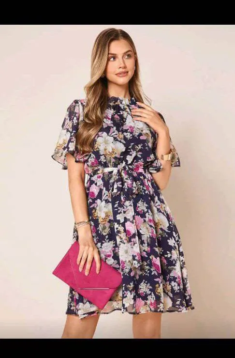Amorya Floral Print Belted Chiffon Dress