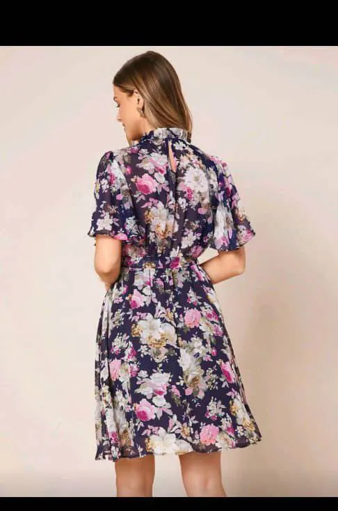 Amorya Floral Print Belted Chiffon Dress