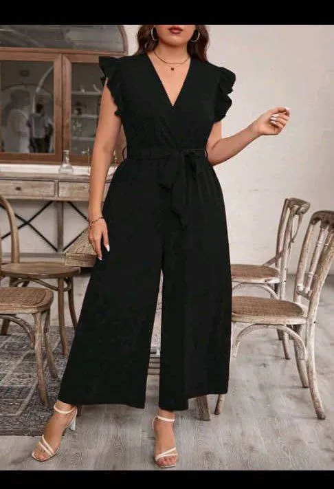 V-neck, belted jumpsuit with ruffled cap sleeves