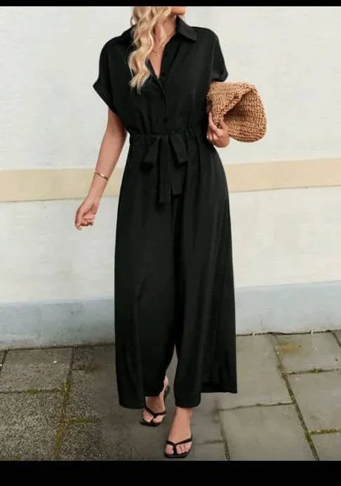 V-neck, belted jumpsuit with ruffled cap sleeves